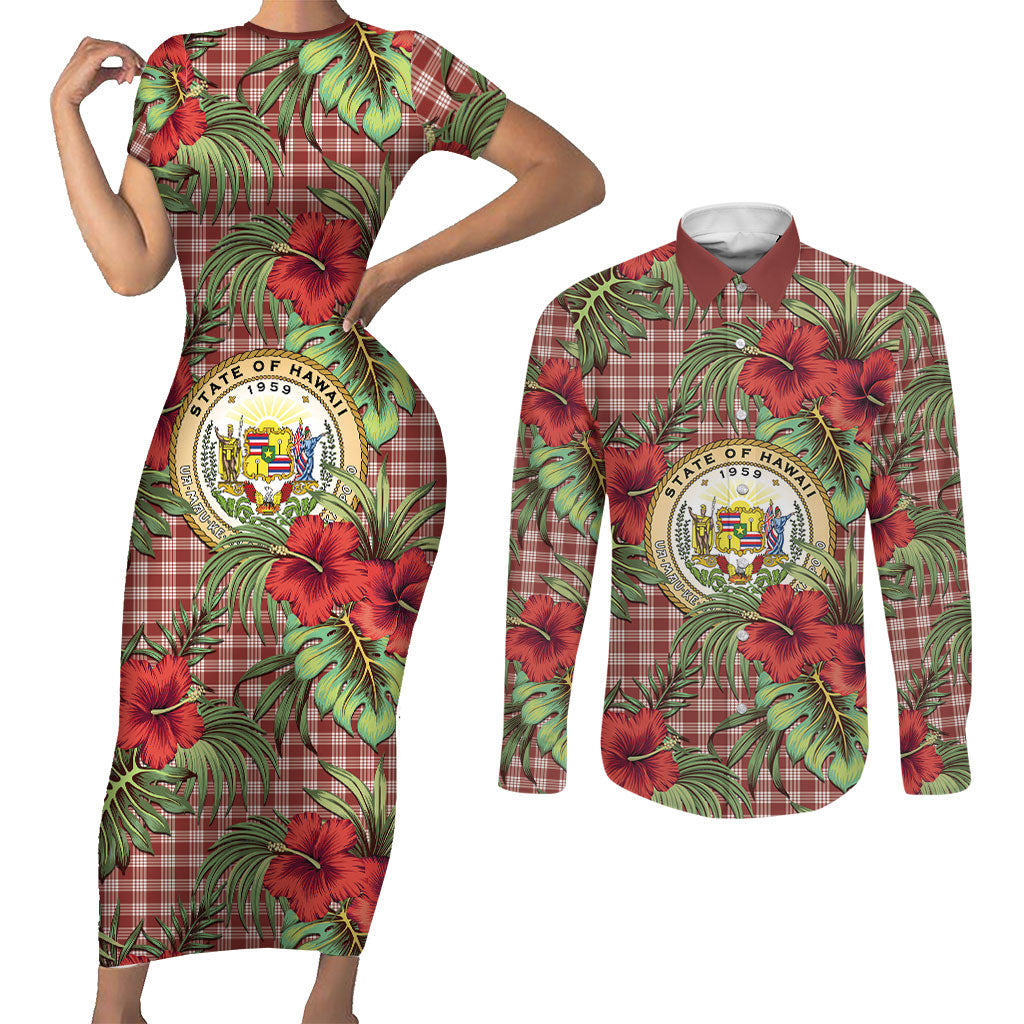 Vintage Hawaii Hibiscus Palaka Couples Matching Short Sleeve Bodycon Dress and Long Sleeve Button Shirt Red Color LT19 Red - Polynesian Pride