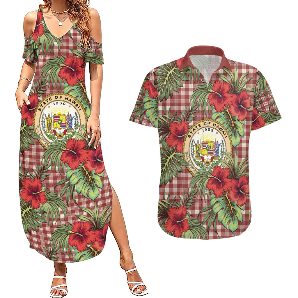 Vintage Hawaii Hibiscus Palaka Couples Matching Summer Maxi Dress and Hawaiian Shirt Red Color LT19 Red - Polynesian Pride