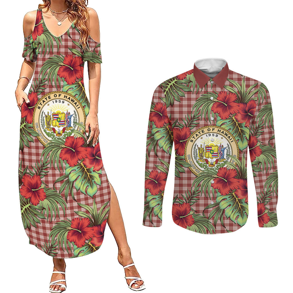 Vintage Hawaii Hibiscus Palaka Couples Matching Summer Maxi Dress and Long Sleeve Button Shirt Red Color LT19 Red - Polynesian Pride
