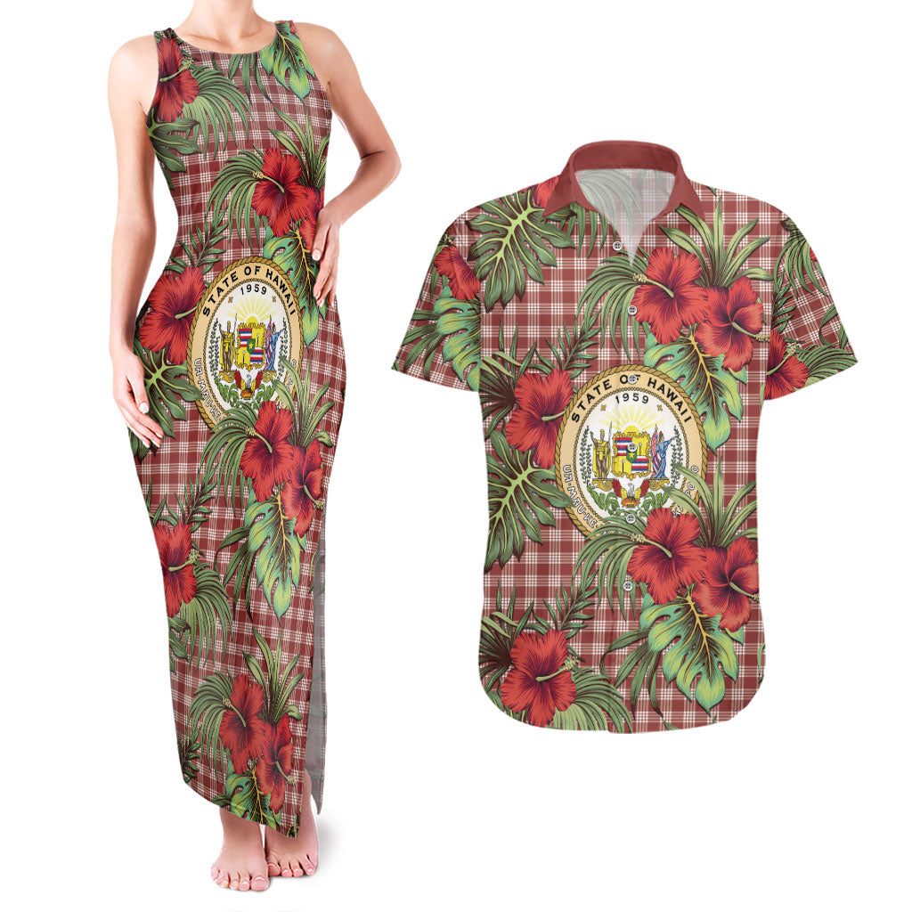 Vintage Hawaii Hibiscus Palaka Couples Matching Tank Maxi Dress and Hawaiian Shirt Red Color LT19 Red - Polynesian Pride