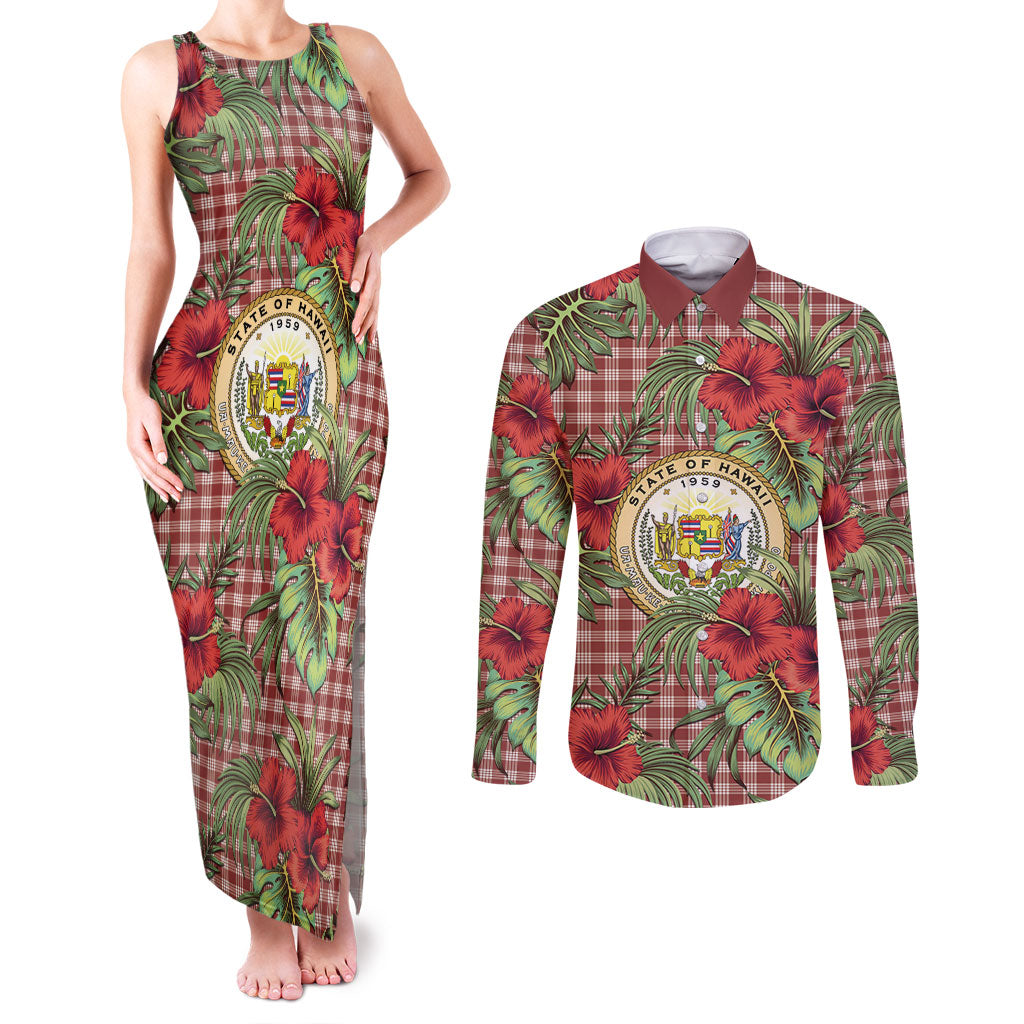 Vintage Hawaii Hibiscus Palaka Couples Matching Tank Maxi Dress and Long Sleeve Button Shirt Red Color LT19 Red - Polynesian Pride