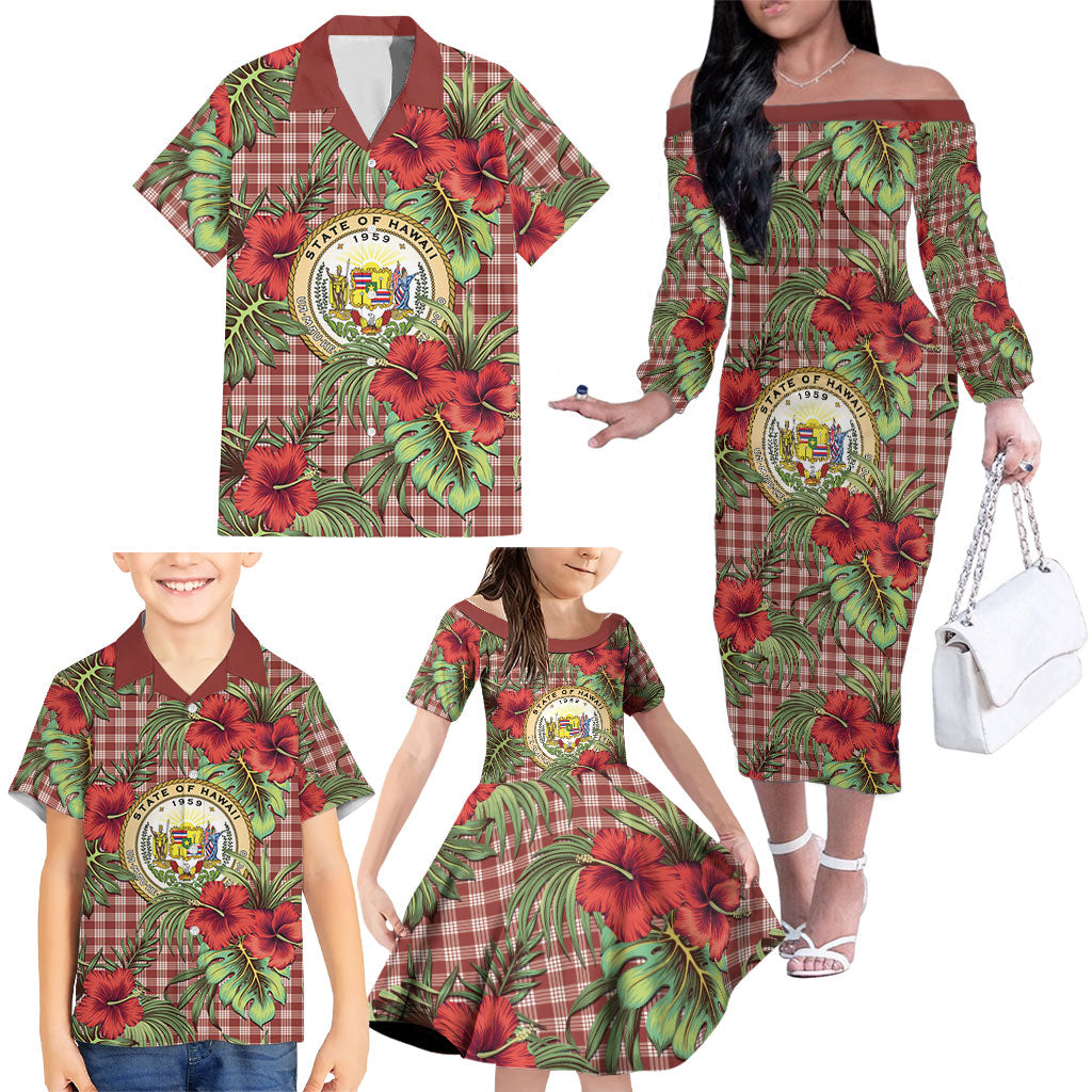 Vintage Hawaii Hibiscus Palaka Family Matching Off The Shoulder Long Sleeve Dress and Hawaiian Shirt Red Color LT19 - Polynesian Pride