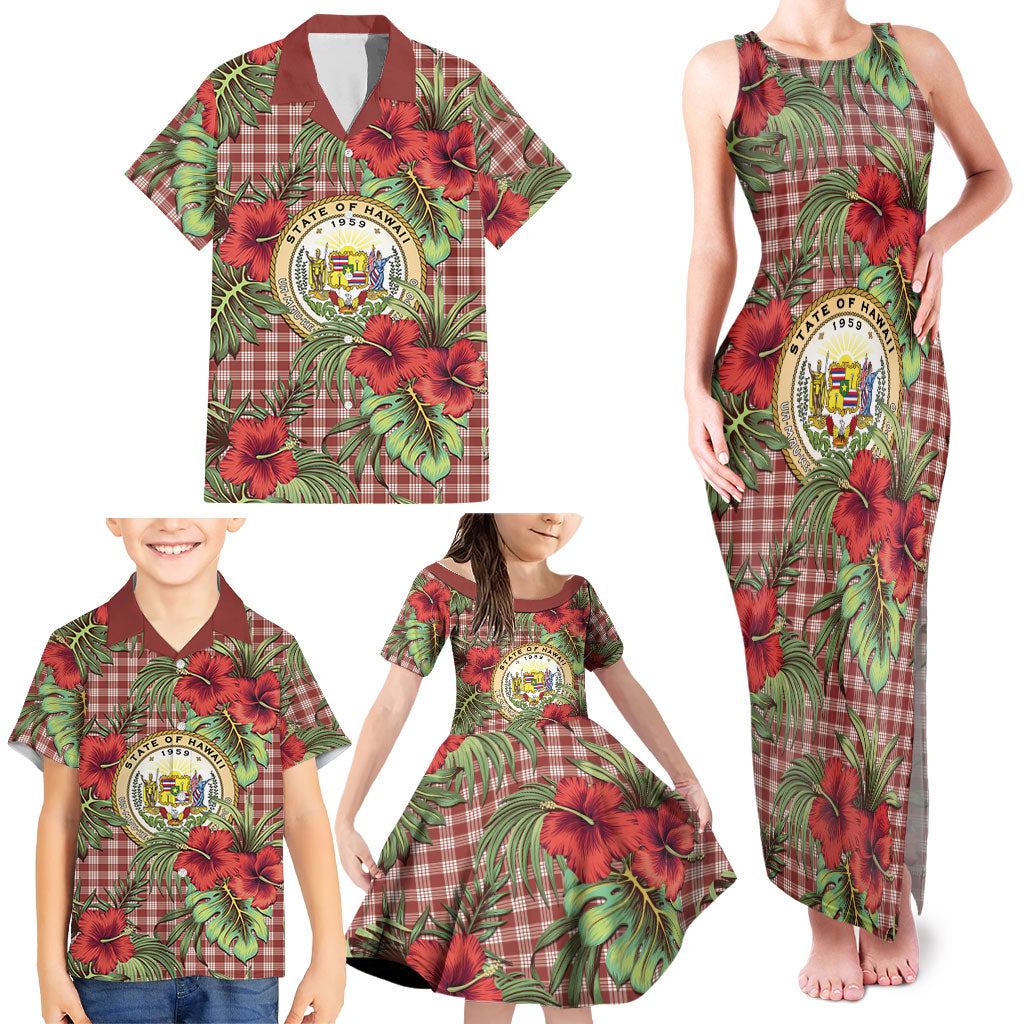 Vintage Hawaii Hibiscus Palaka Family Matching Tank Maxi Dress and Hawaiian Shirt Red Color