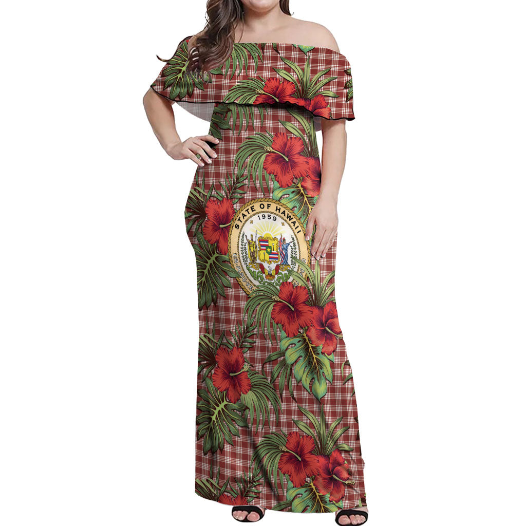 Vintage Hawaii Hibiscus Palaka Off Shoulder Maxi Dress Red Color LT19 Women Red - Polynesian Pride