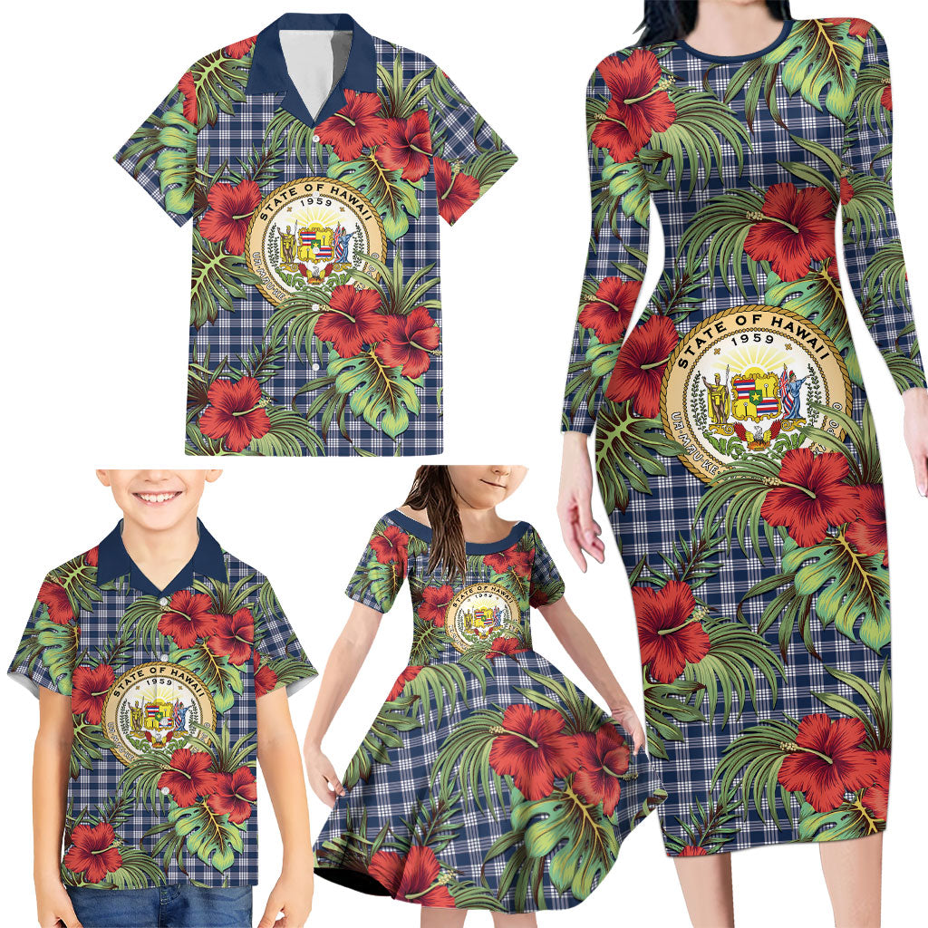 Vintage Hawaii Hibiscus Palaka Family Matching Long Sleeve Bodycon Dress and Hawaiian Shirt Navy Color LT19 - Polynesian Pride