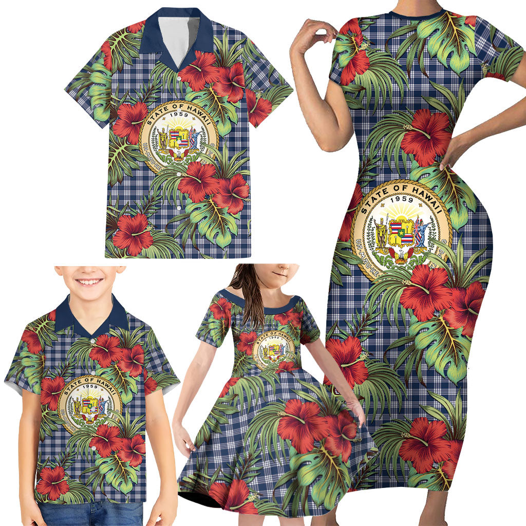 Vintage Hawaii Hibiscus Palaka Family Matching Short Sleeve Bodycon Dress and Hawaiian Shirt Navy Color LT19 - Polynesian Pride
