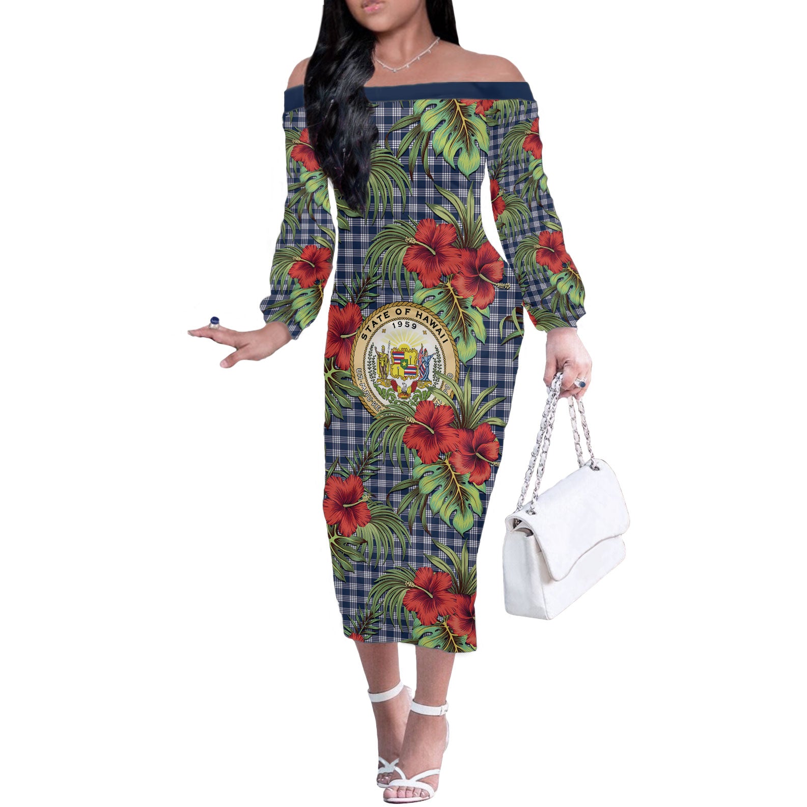 Vintage Hawaii Hibiscus Palaka Off The Shoulder Long Sleeve Dress Navy Color LT19 Women Navy - Polynesian Pride