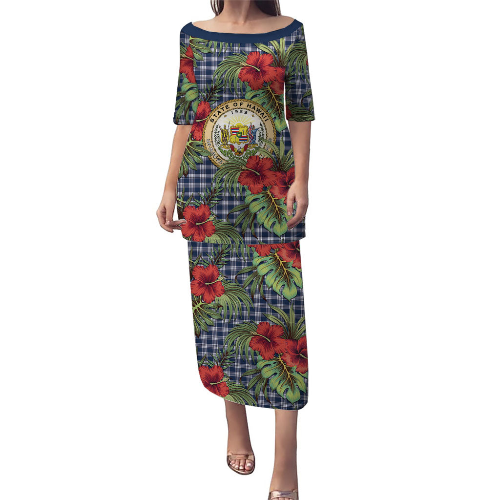 Vintage Hawaii Hibiscus Palaka Puletasi Navy Color LT19 Long Dress Navy - Polynesian Pride