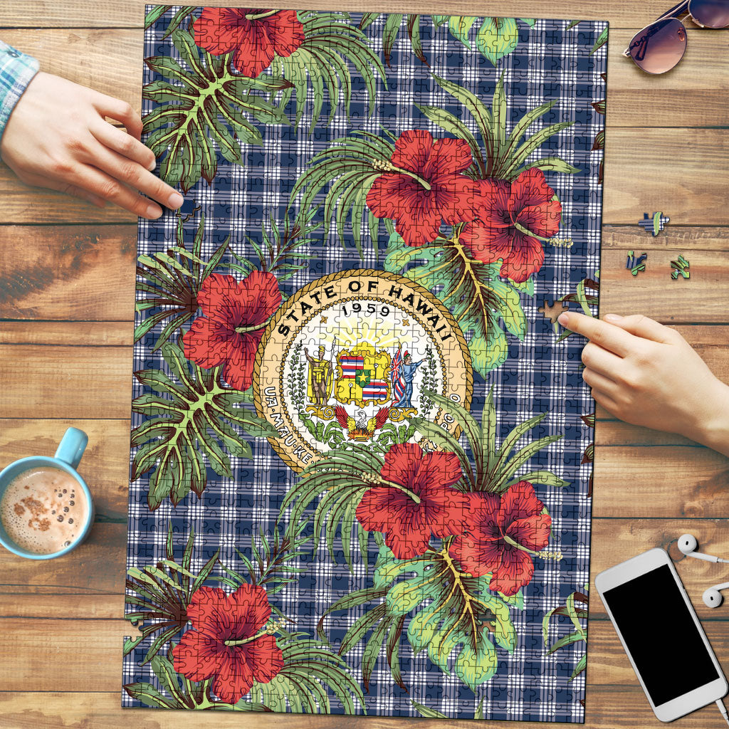Vintage Hawaii Hibiscus Palaka Puzzle Navy Color LT19 Navy - Polynesian Pride
