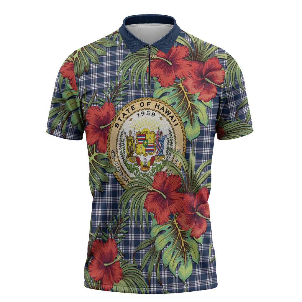 Vintage Hawaii Hibiscus Palaka Zipper Polo Shirt Navy Color LT19 Navy - Polynesian Pride