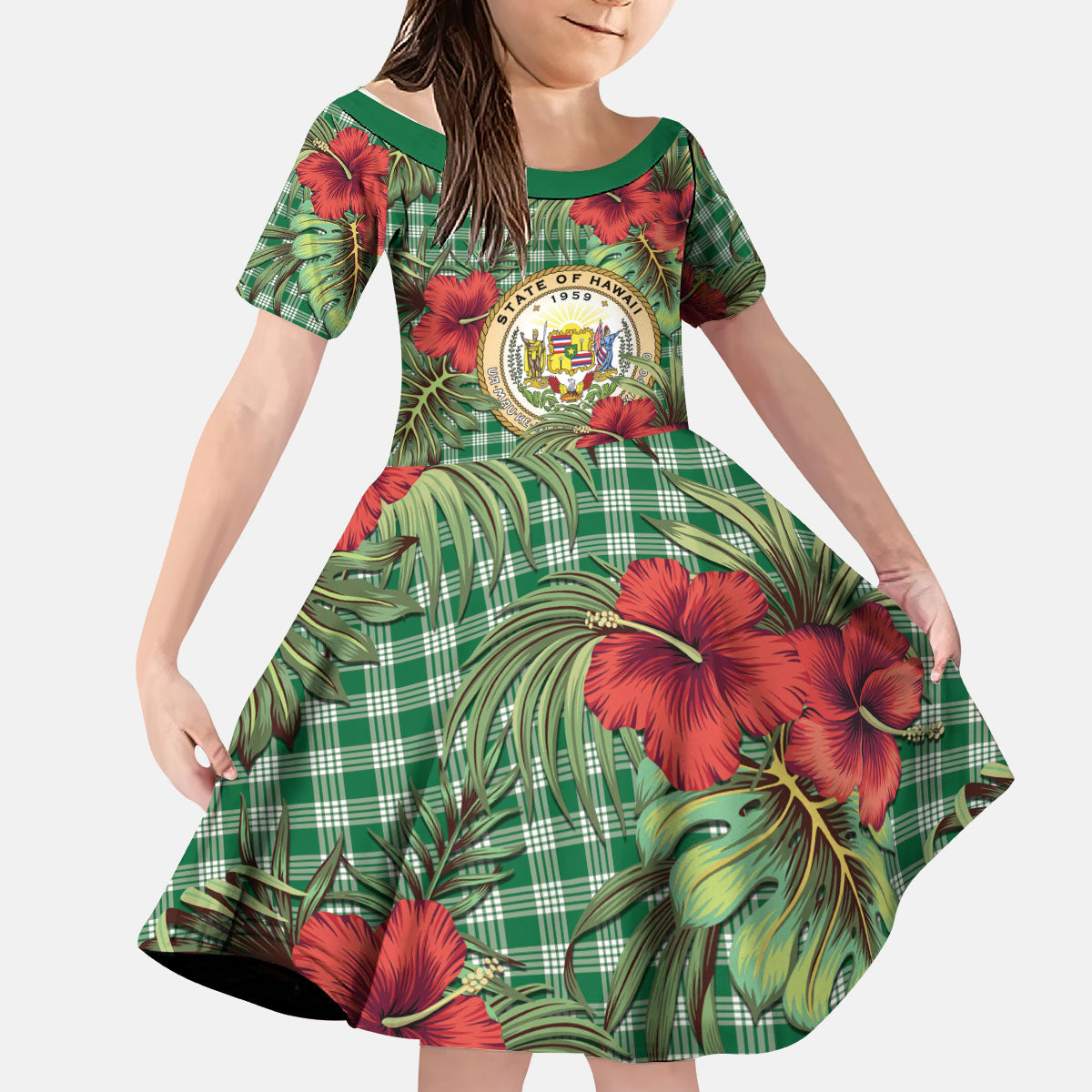Vintage Hawaii Hibiscus Palaka Kid Short Sleeve Dress Green Color LT19 KID Green - Polynesian Pride