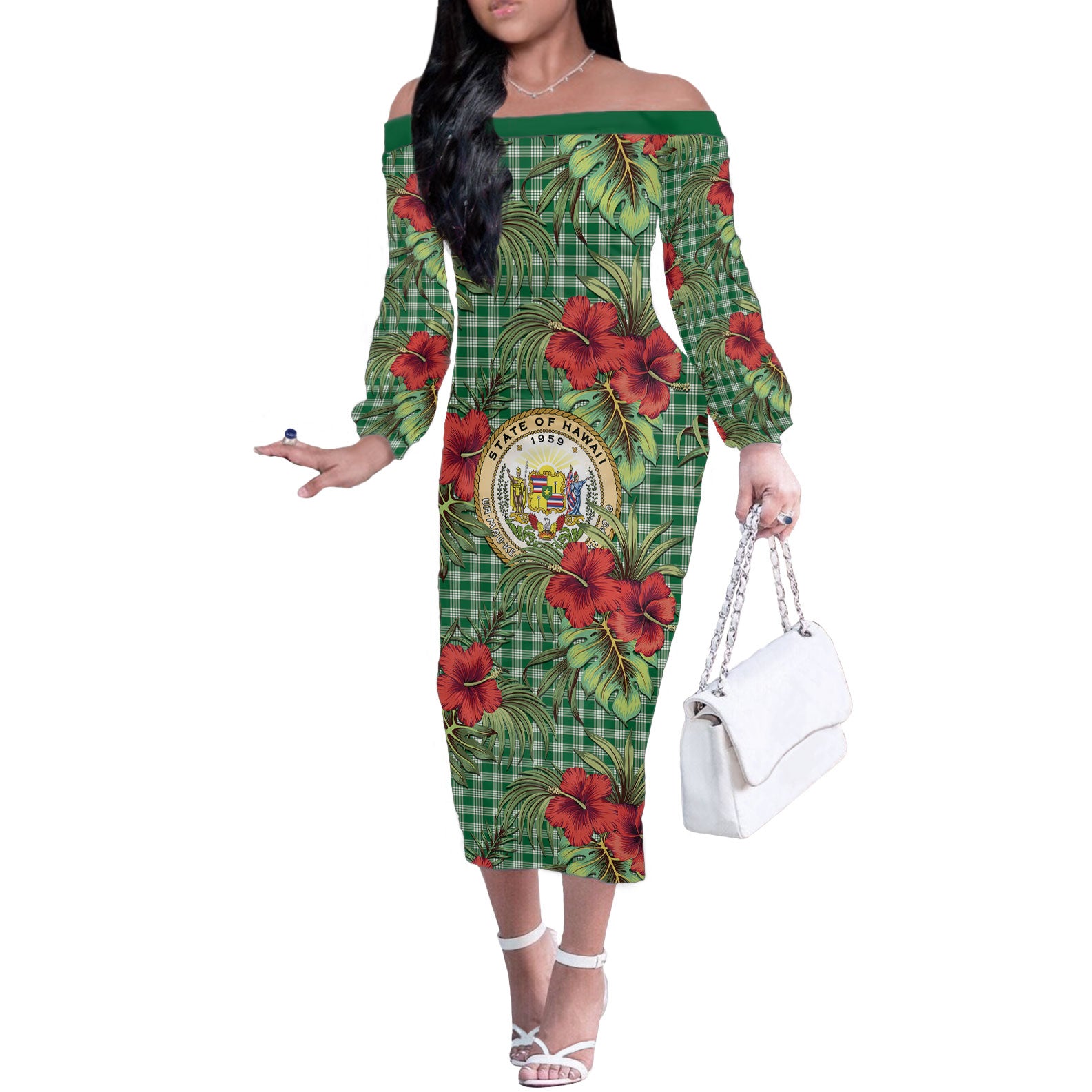 Vintage Hawaii Hibiscus Palaka Off The Shoulder Long Sleeve Dress Green Color LT19 Women Green - Polynesian Pride