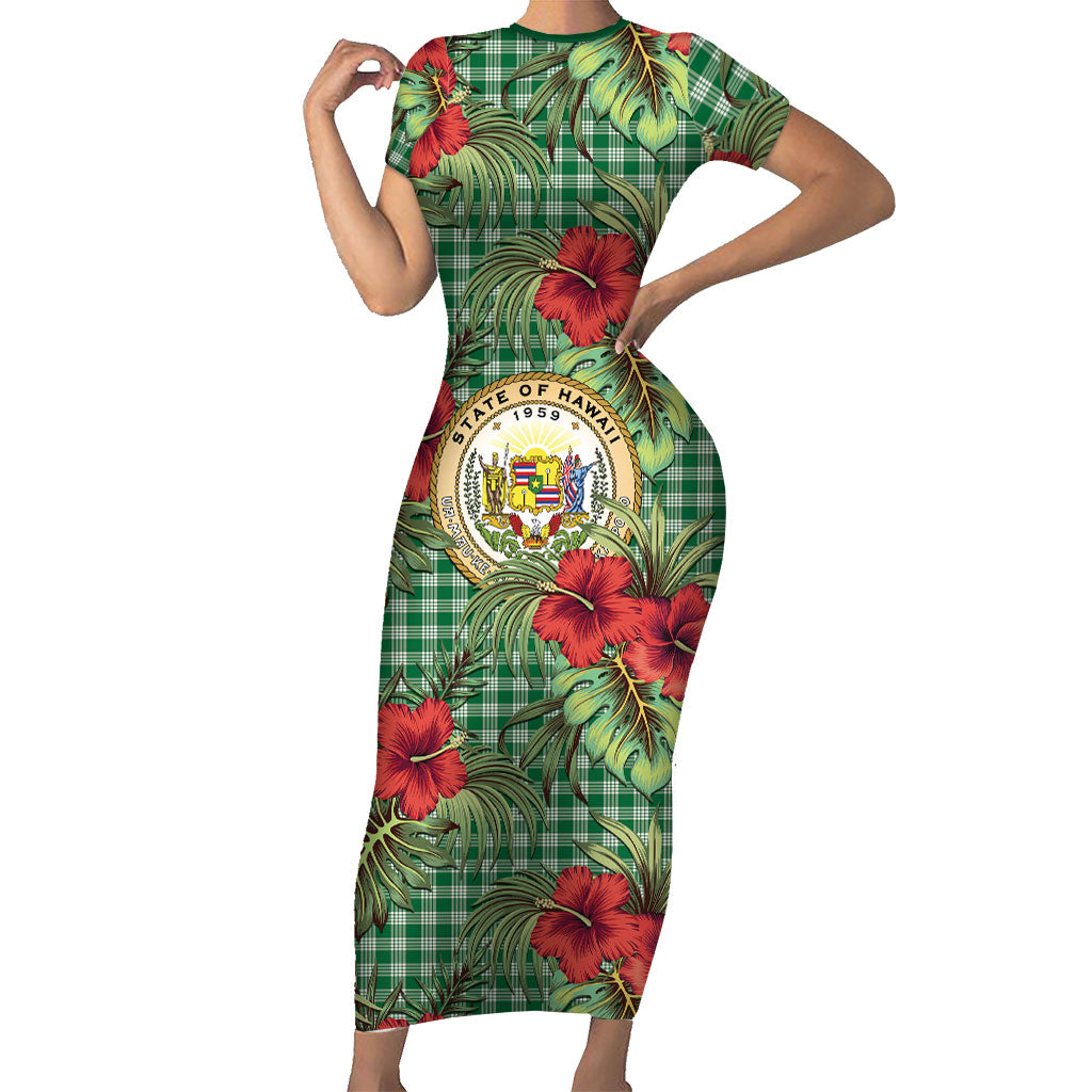 Vintage Hawaii Hibiscus Palaka Short Sleeve Bodycon Dress Green Color LT19 Long Dress Green - Polynesian Pride