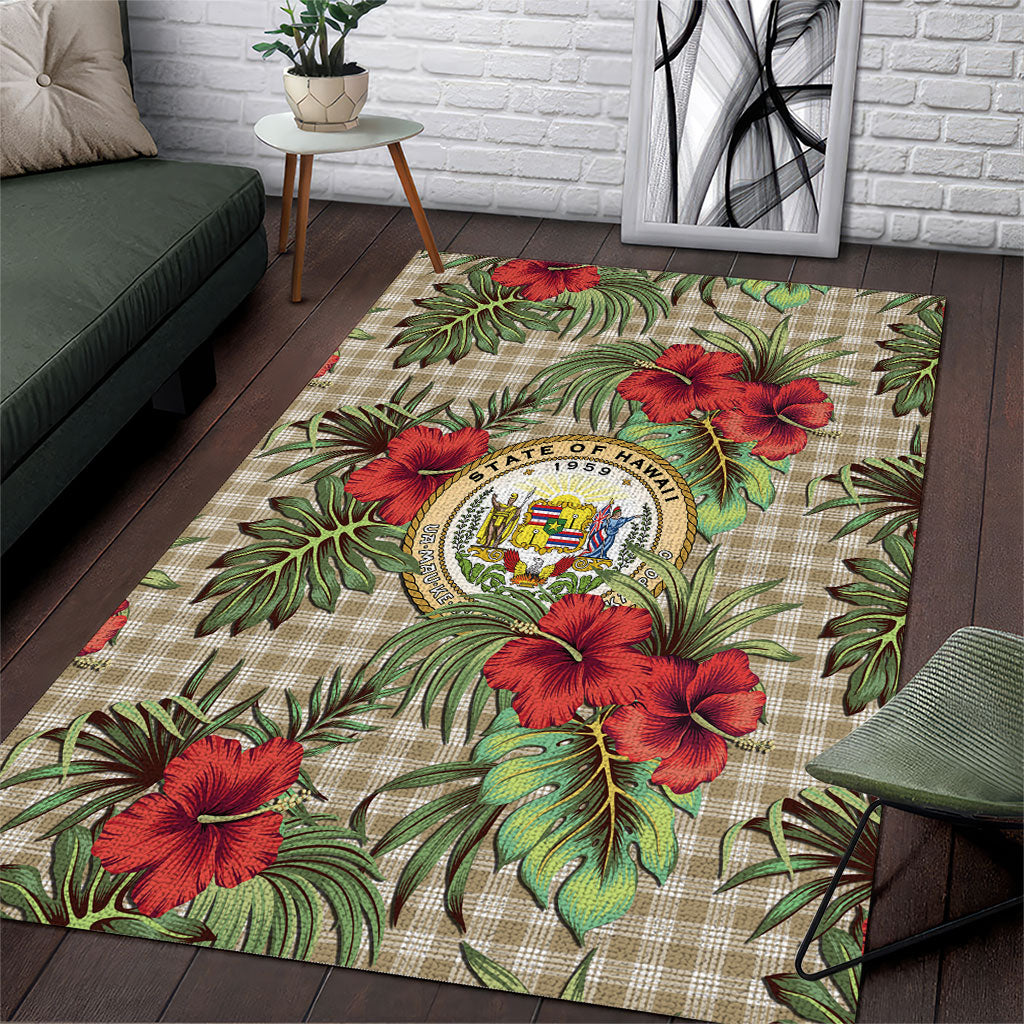 Vintage Hawaii Hibiscus Palaka Area Rug Khaki Color LT19 Khaki - Polynesian Pride