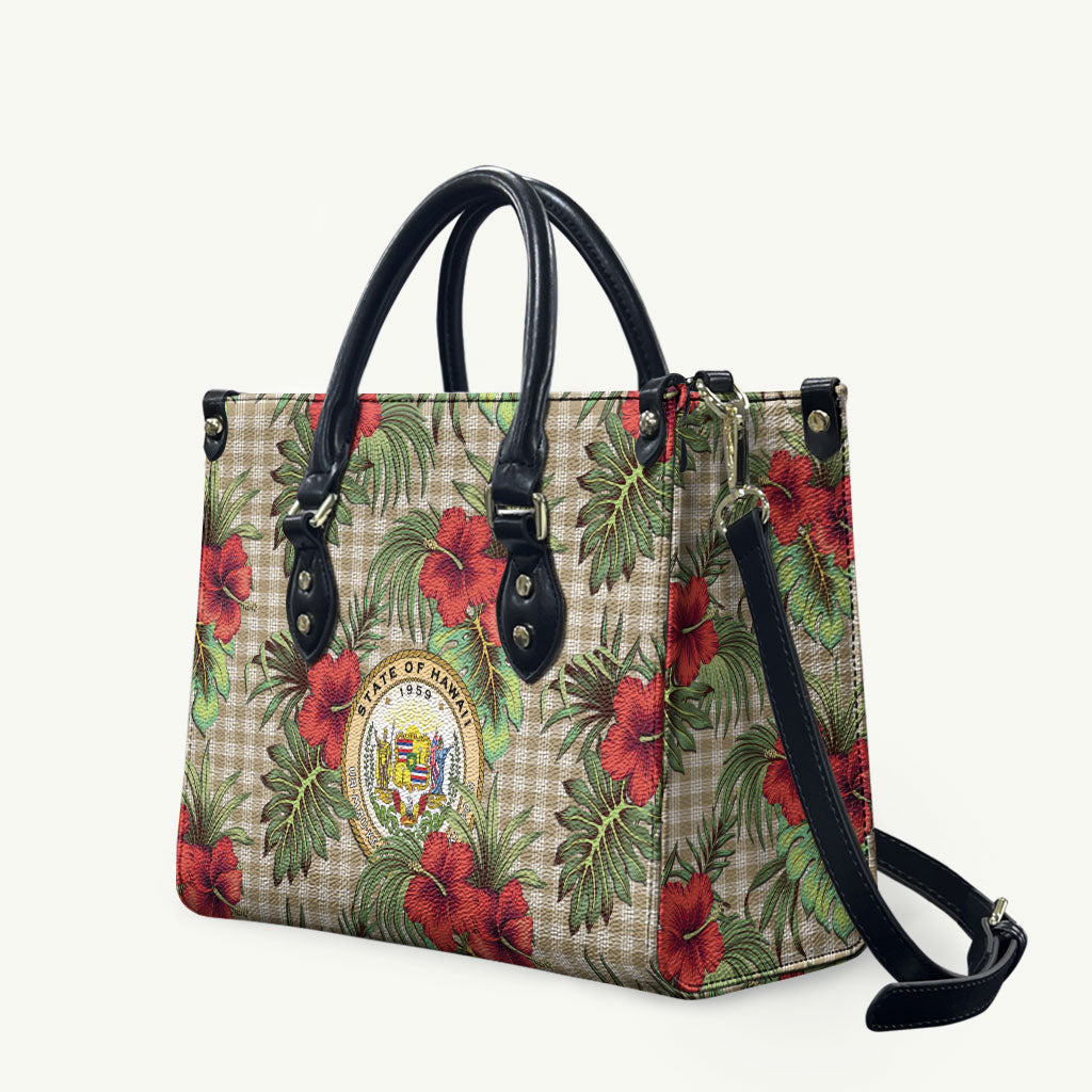 Vintage Hawaii Hibiscus Palaka Leather Bag Khaki Color LT19 Khaki - Polynesian Pride