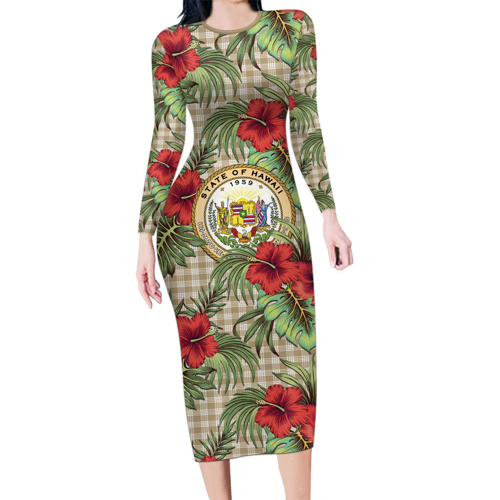 Vintage Hawaii Hibiscus Palaka Long Sleeve Bodycon Dress Khaki Color LT19 Long Dress Khaki - Polynesian Pride
