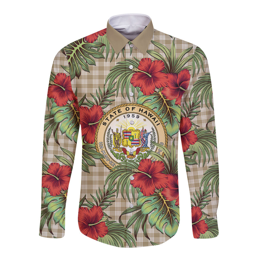 Vintage Hawaii Hibiscus Palaka Long Sleeve Button Shirt Khaki Color LT19 Unisex Khaki - Polynesian Pride