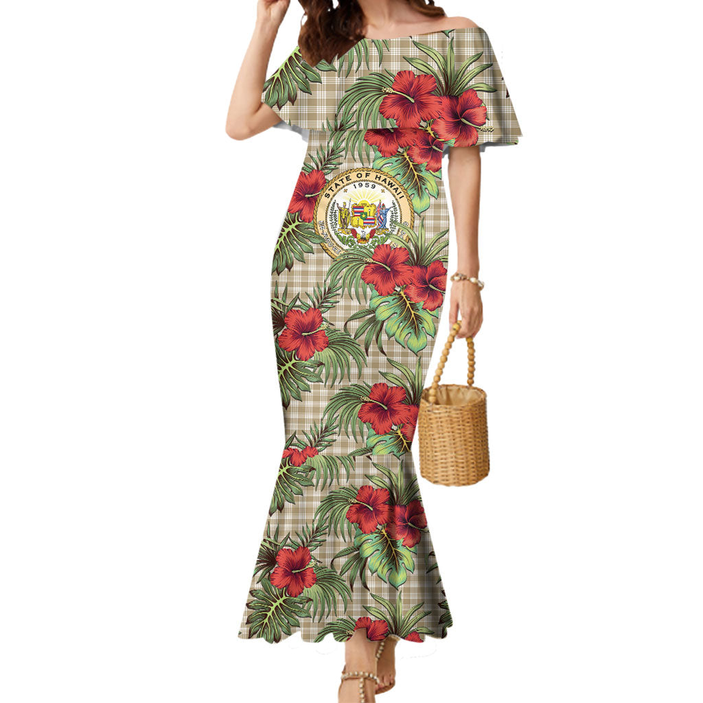 Vintage Hawaii Hibiscus Palaka Mermaid Dress Khaki Color LT19 Women Khaki - Polynesian Pride