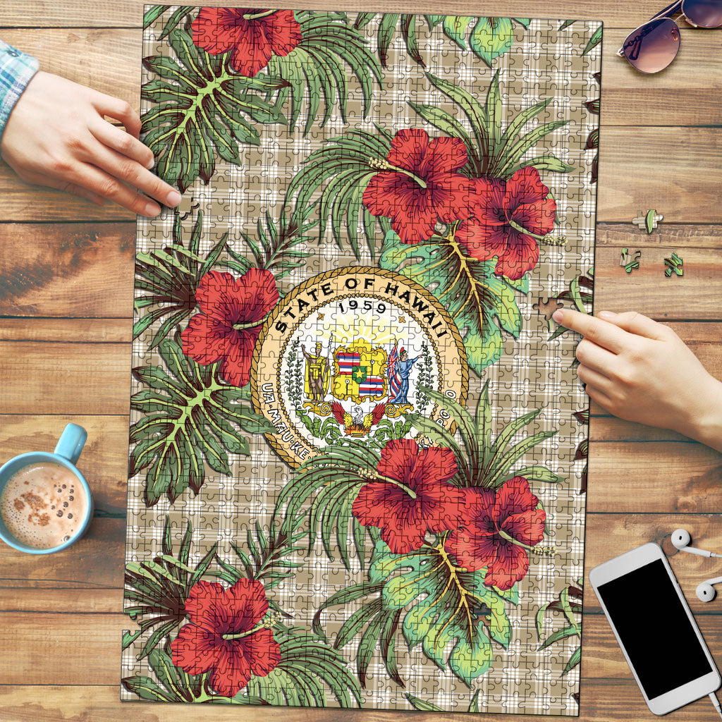 Vintage Hawaii Hibiscus Palaka Puzzle Khaki Color LT19 Khaki - Polynesian Pride