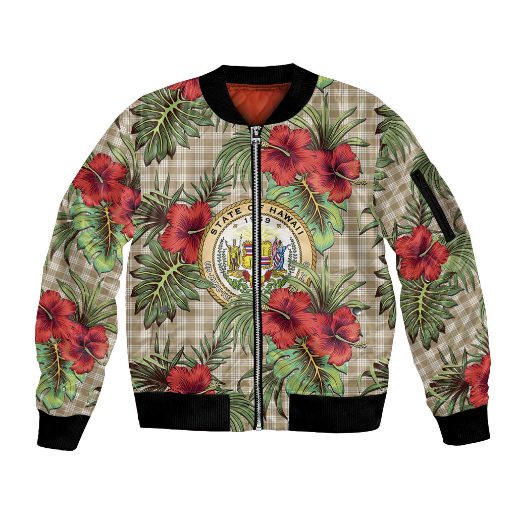 Vintage Hawaii Hibiscus Palaka Sleeve Zip Bomber Jacket Khaki Color LT19 Unisex Khaki - Polynesian Pride