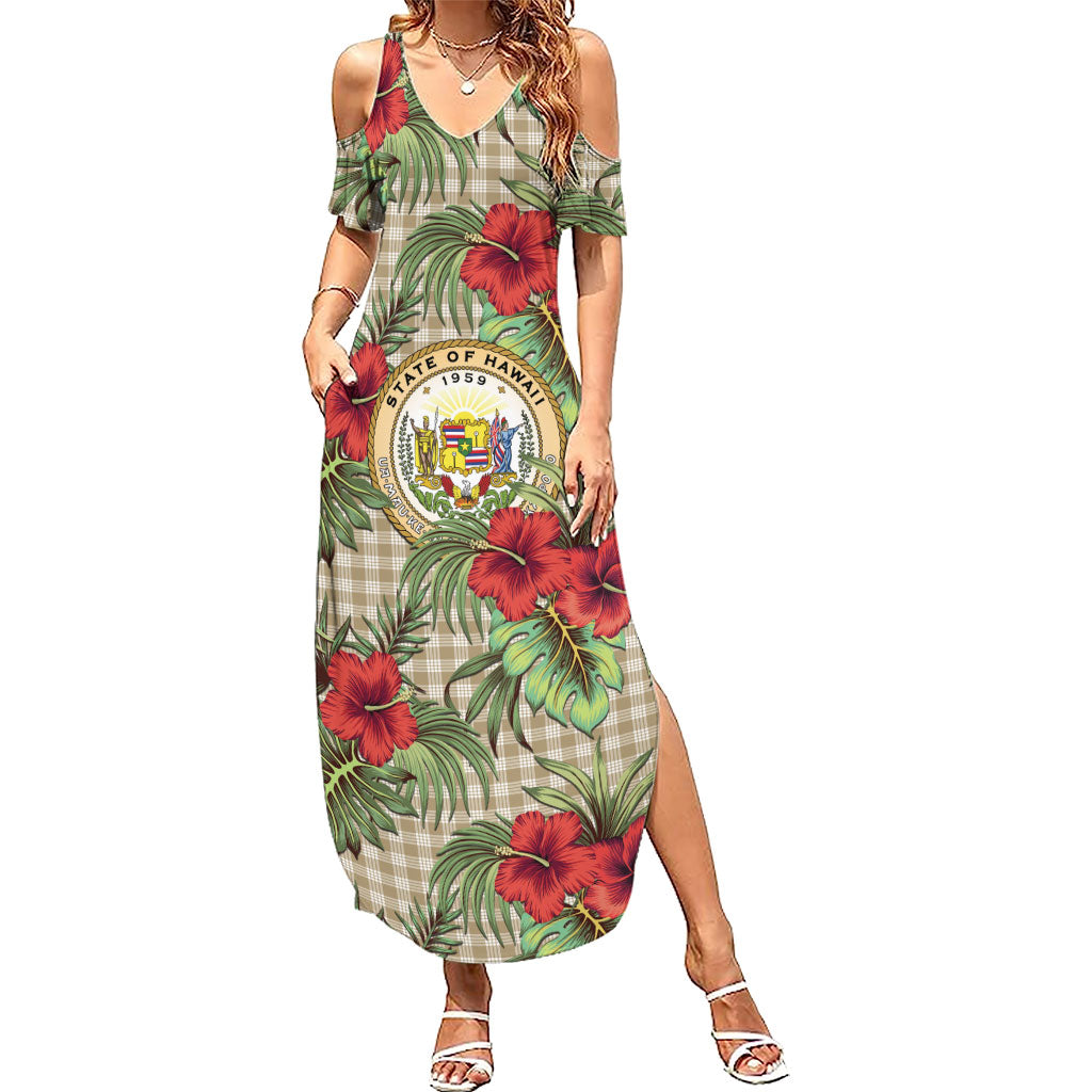 Vintage Hawaii Hibiscus Palaka Summer Maxi Dress Khaki Color LT19 Women Khaki - Polynesian Pride