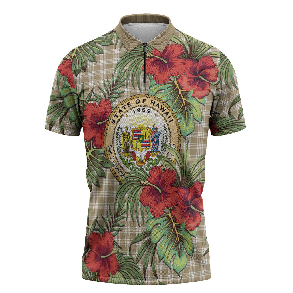 Vintage Hawaii Hibiscus Palaka Zipper Polo Shirt Khaki Color LT19 Khaki - Polynesian Pride