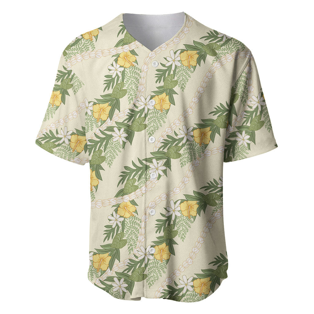 Hawaiian Pikake Maile Lei Baseball Jersey Tiare Hibiscus Kalo Palapalai Leaf Beige