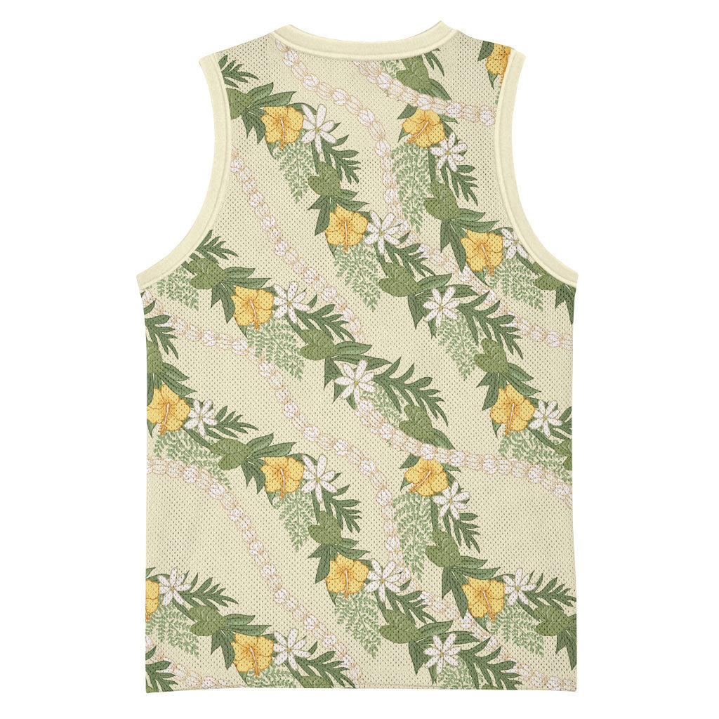 Hawaiian Pikake Maile Lei Basketball Jersey Tiare Hibiscus Kalo Palapalai Leaf Beige