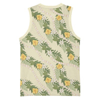 Hawaiian Pikake Maile Lei Basketball Jersey Tiare Hibiscus Kalo Palapalai Leaf Beige