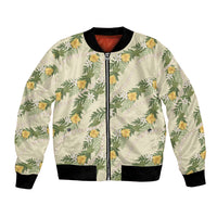 Hawaiian Pikake Maile Lei Bomber Jacket Tiare Hibiscus Kalo Palapalai Leaf Beige LT19 Unisex Beige - Polynesian Pride