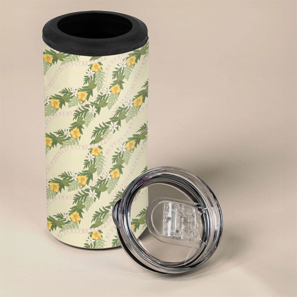 Hawaiian Pikake Maile Lei 4 in 1 Can Cooler Tumbler Tiare Hibiscus Kalo Palapalai Leaf Beige