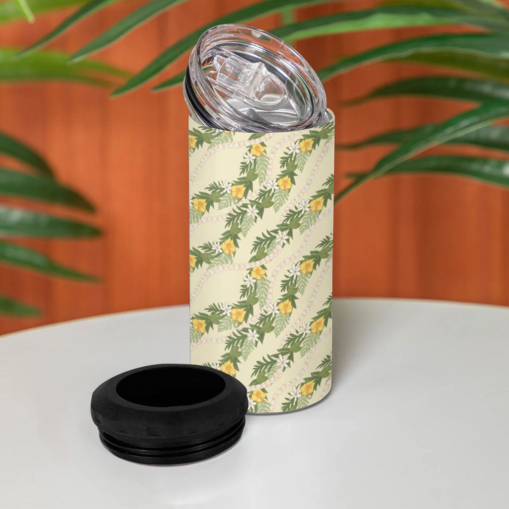 Hawaiian Pikake Maile Lei 4 in 1 Can Cooler Tumbler Tiare Hibiscus Kalo Palapalai Leaf Beige