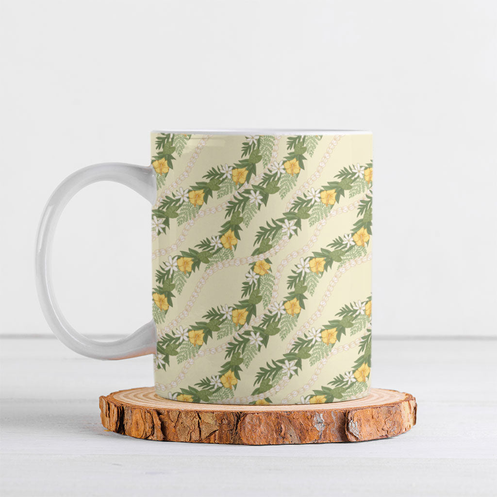 Hawaiian Pikake Maile Lei Ceramic Mug Tiare Hibiscus Kalo Palapalai Leaf Beige LT19 Beige - Polynesian Pride