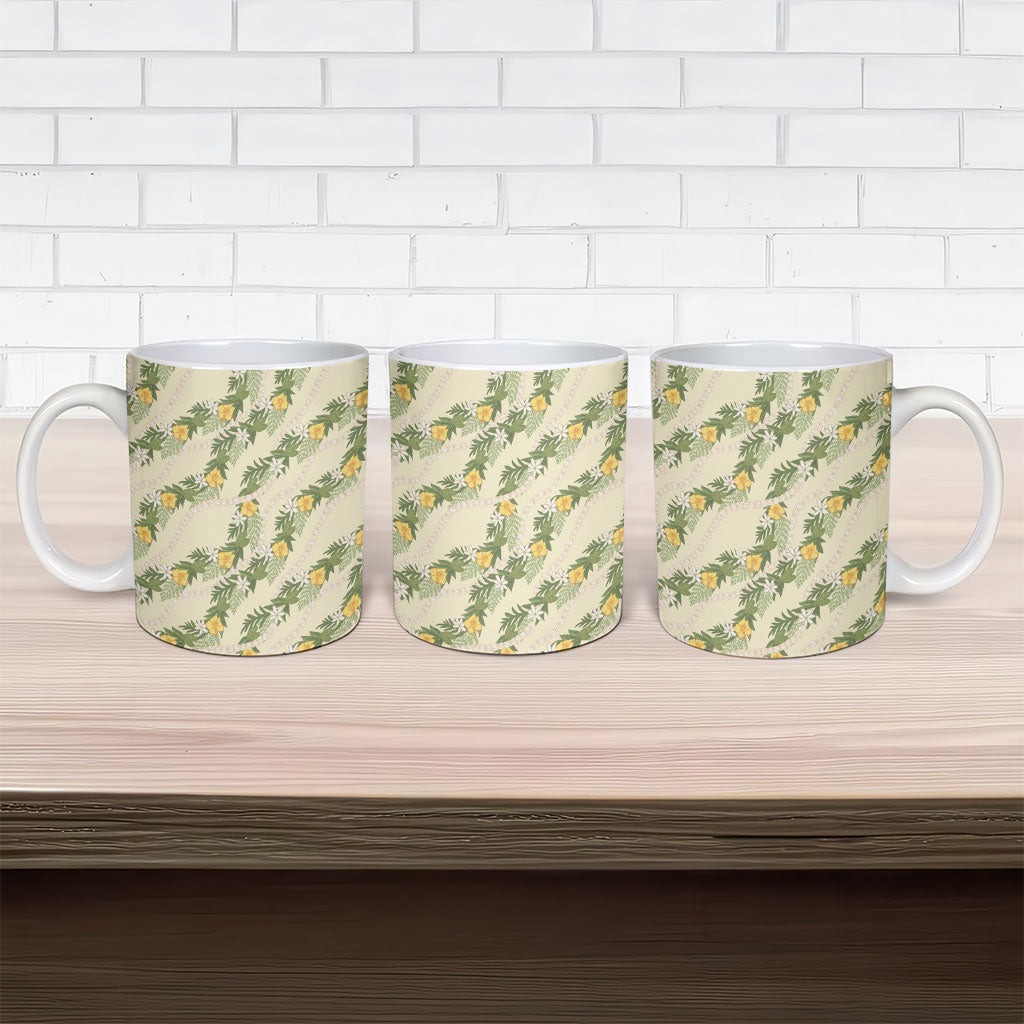 Hawaiian Pikake Maile Lei Ceramic Mug Tiare Hibiscus Kalo Palapalai Leaf Beige LT19 - Polynesian Pride