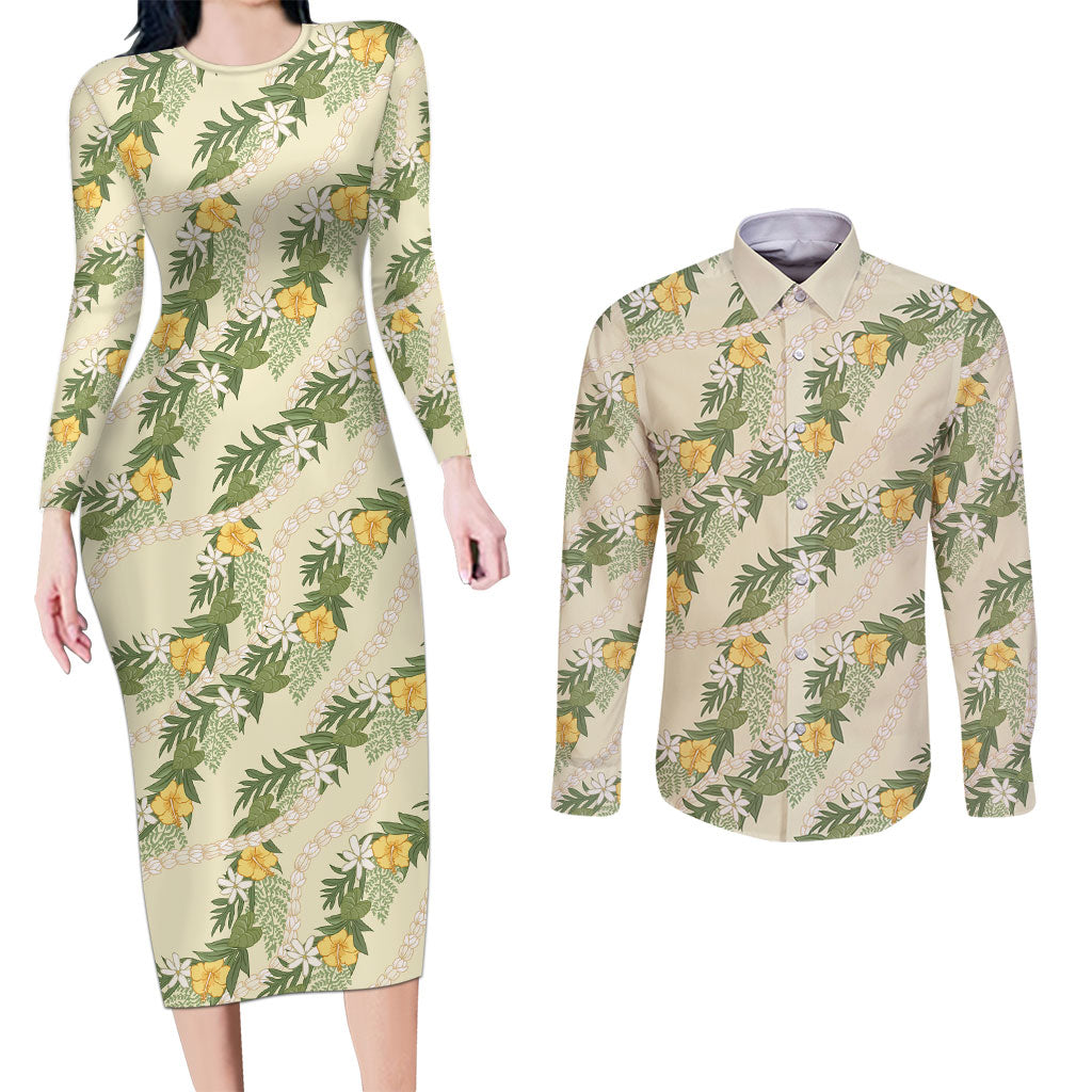 Hawaiian Pikake Maile Lei Couples Matching Long Sleeve Bodycon Dress and Long Sleeve Button Shirt Tiare Hibiscus Kalo Palapalai Leaf Beige