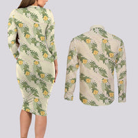 Hawaiian Pikake Maile Lei Couples Matching Long Sleeve Bodycon Dress and Long Sleeve Button Shirt Tiare Hibiscus Kalo Palapalai Leaf Beige