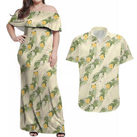 Hawaiian Pikake Maile Lei Couples Matching Off Shoulder Maxi Dress and Hawaiian Shirt Tiare Hibiscus Kalo Palapalai Leaf Beige