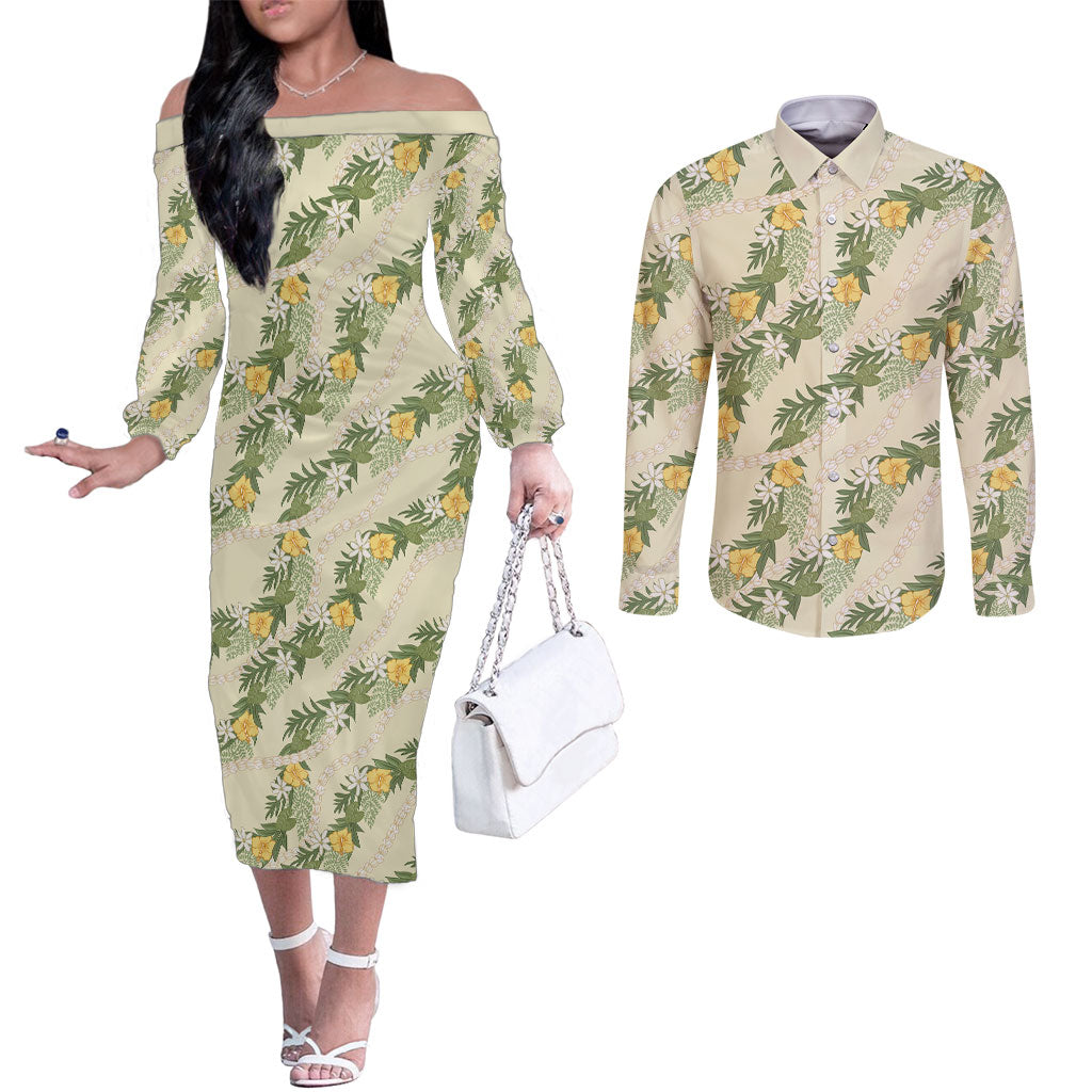 Hawaiian Pikake Maile Lei Couples Matching Off The Shoulder Long Sleeve Dress and Long Sleeve Button Shirt Tiare Hibiscus Kalo Palapalai Leaf Beige