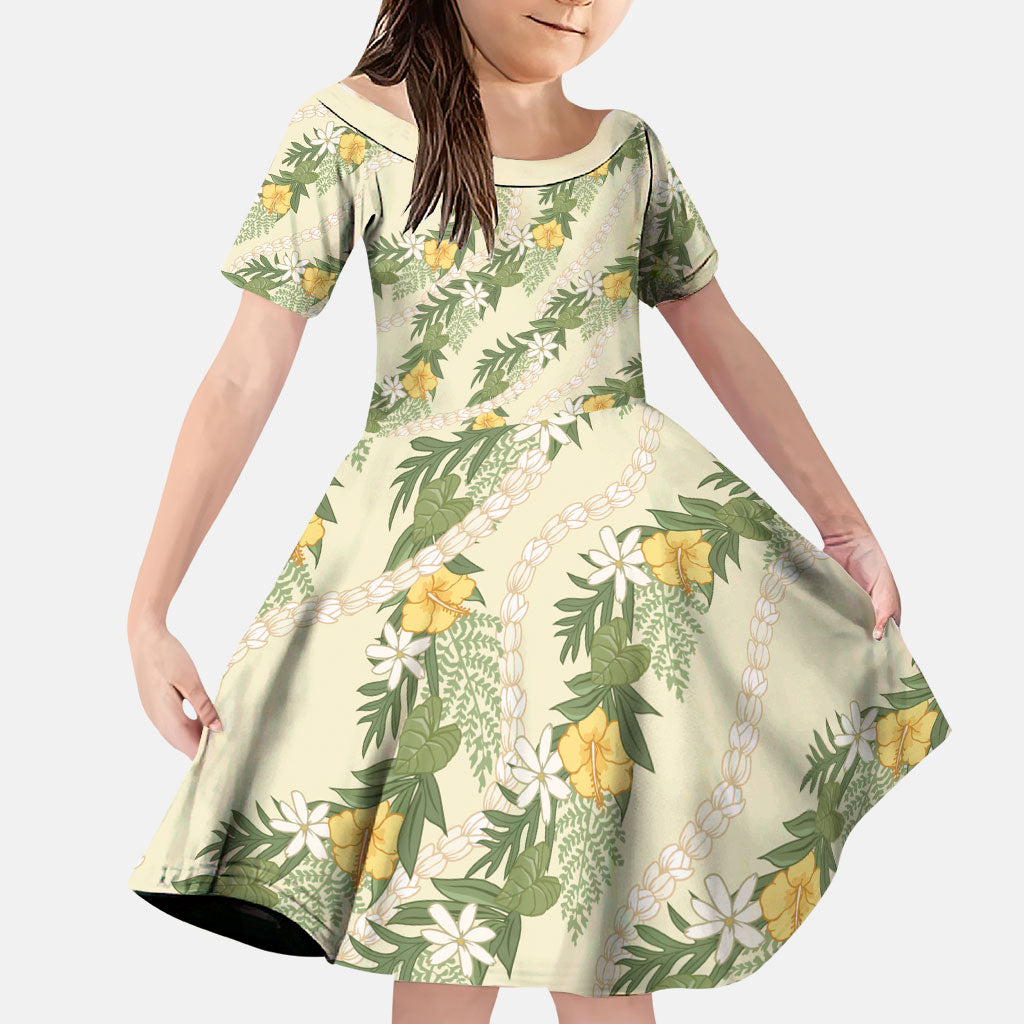 Hawaiian Pikake Maile Lei Family Matching Long Sleeve Bodycon Dress and Hawaiian Shirt Tiare Hibiscus Kalo Palapalai Leaf Beige LT19 Daughter's Dress Beige - Polynesian Pride