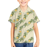 Hawaiian Pikake Maile Lei Family Matching Long Sleeve Bodycon Dress and Hawaiian Shirt Tiare Hibiscus Kalo Palapalai Leaf Beige LT19 Son's Shirt Beige - Polynesian Pride