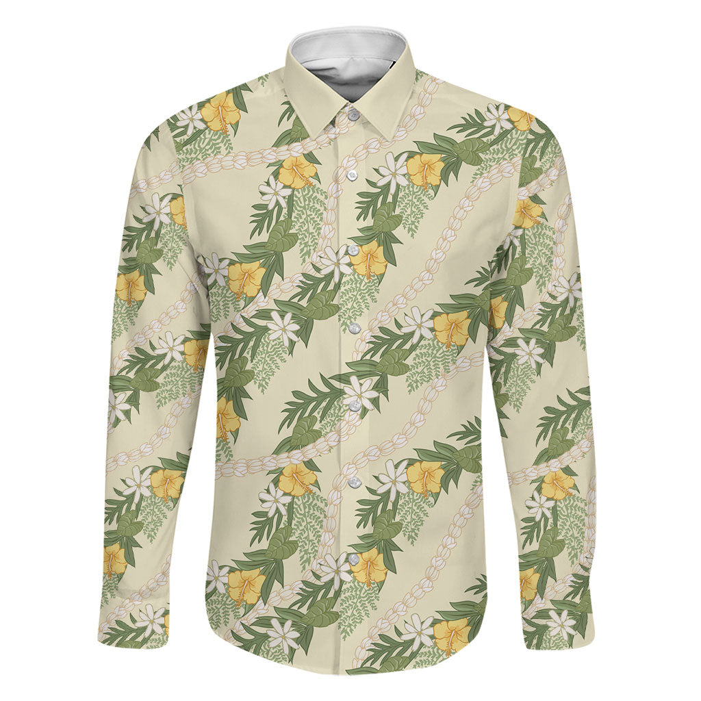 Hawaiian Pikake Maile Lei Family Matching Off Shoulder Maxi Dress and Hawaiian Shirt Tiare Hibiscus Kalo Palapalai Leaf Beige LT19 Dad's Shirt - Long Sleeve Beige - Polynesian Pride
