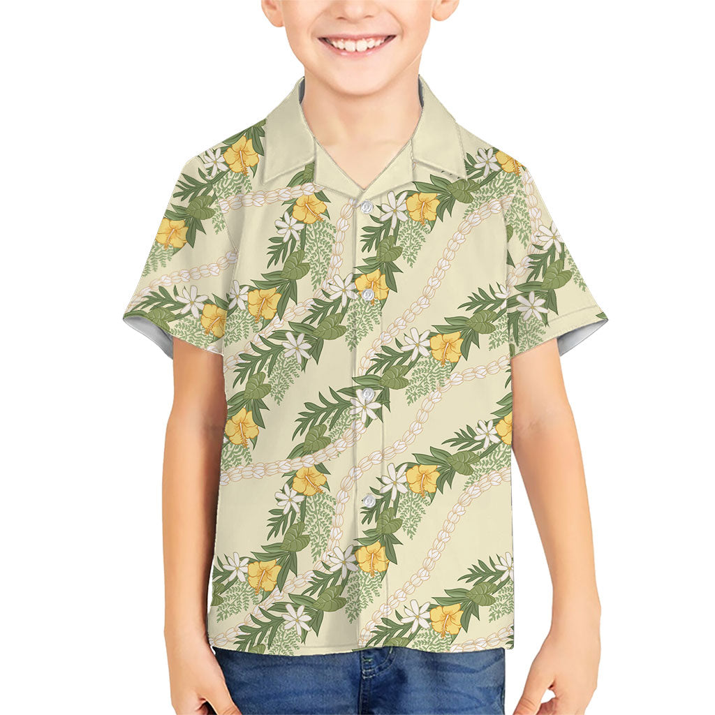 Hawaiian Pikake Maile Lei Family Matching Off Shoulder Maxi Dress and Hawaiian Shirt Tiare Hibiscus Kalo Palapalai Leaf Beige LT19 Son's Shirt Beige - Polynesian Pride