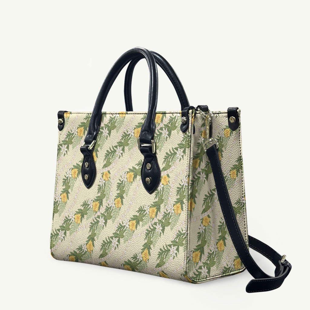 Hawaiian Pikake Maile Lei Leather Bag Tiare Hibiscus Kalo Palapalai Leaf Beige LT19 Beige - Polynesian Pride