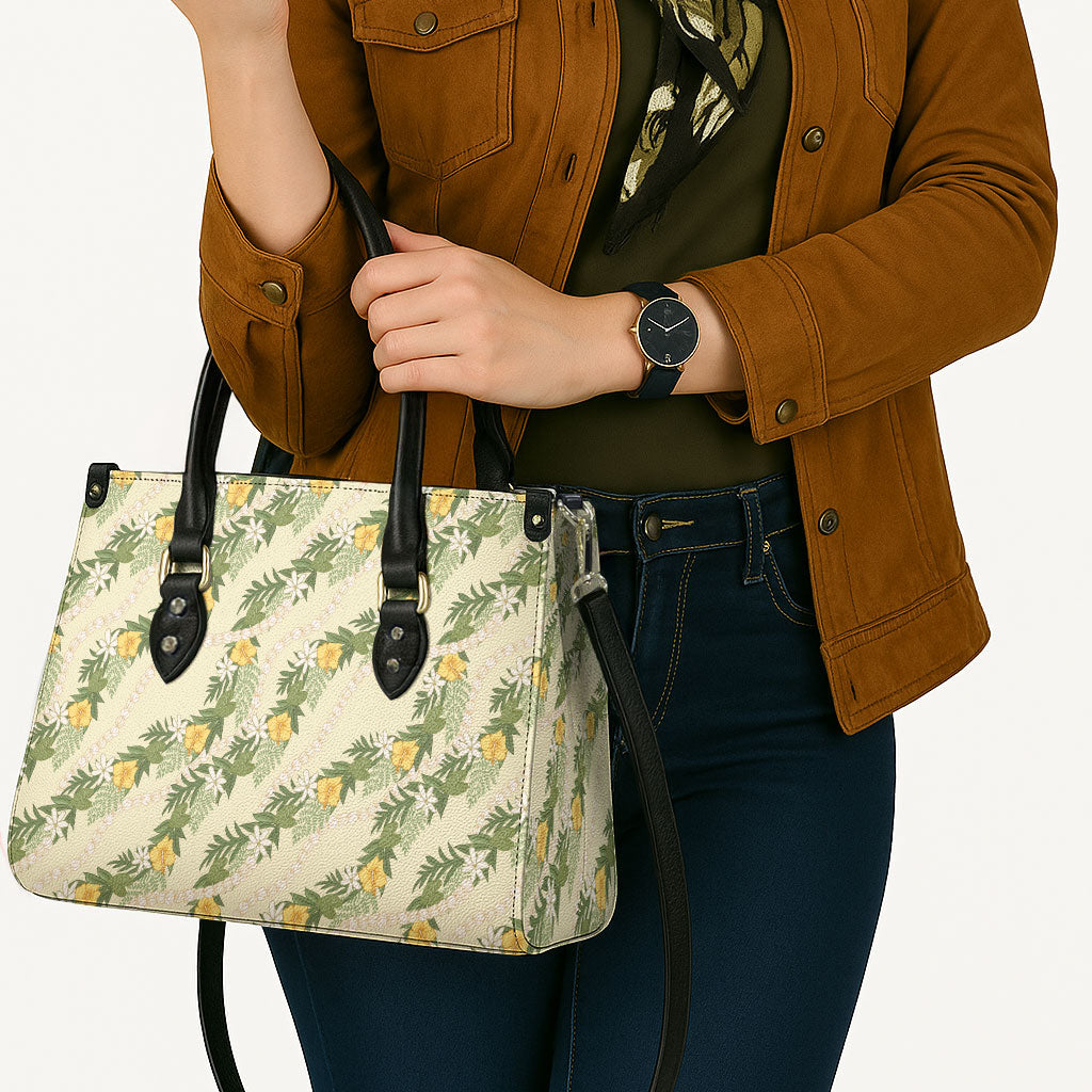 Hawaiian Pikake Maile Lei Leather Bag Tiare Hibiscus Kalo Palapalai Leaf Beige LT19 - Polynesian Pride