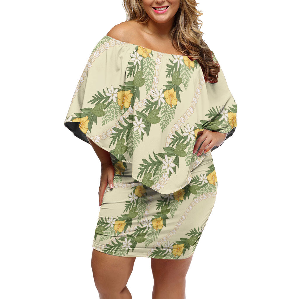 Hawaiian Pikake Maile Lei Off Shoulder Short Dress Tiare Hibiscus Kalo Palapalai Leaf Beige