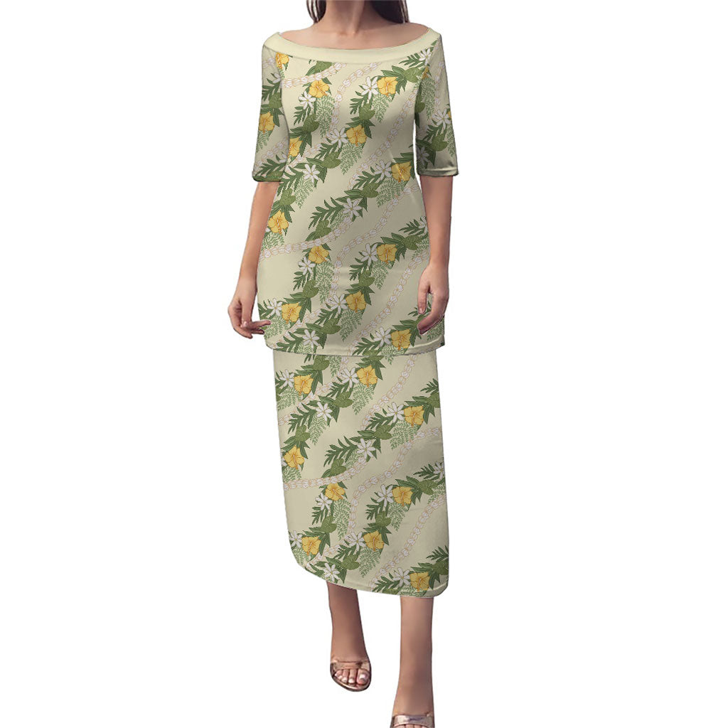 Hawaiian Pikake Maile Lei Puletasi Tiare Hibiscus Kalo Palapalai Leaf Beige LT19 Long Dress Beige - Polynesian Pride