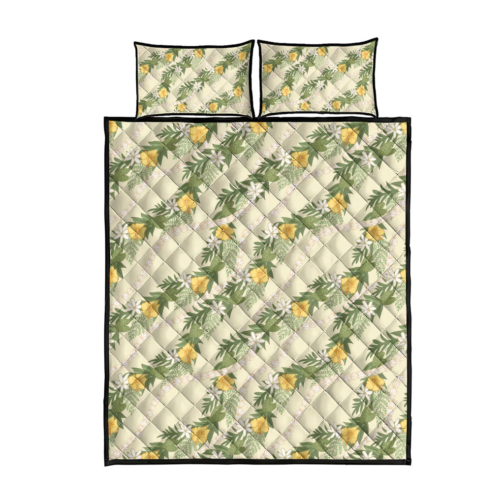 Hawaiian Pikake Maile Lei Quilt Bed Set Tiare Hibiscus Kalo Palapalai Leaf Beige LT19 - Polynesian Pride