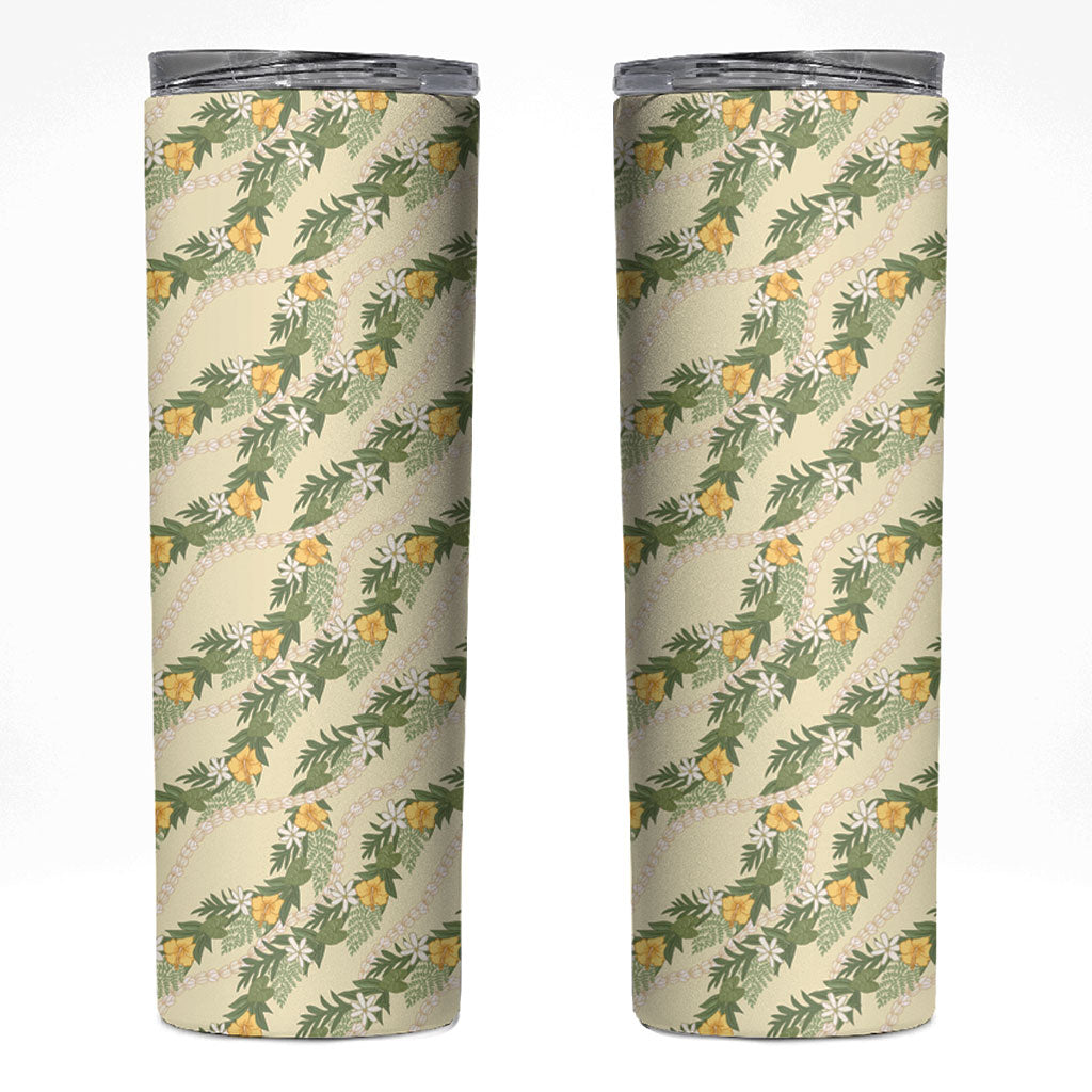 Hawaiian Pikake Maile Lei Skinny Tumbler Tiare Hibiscus Kalo Palapalai Leaf Beige