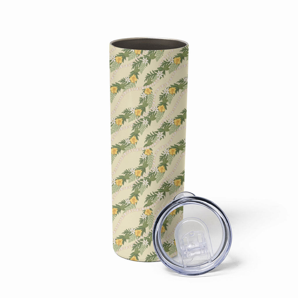 Hawaiian Pikake Maile Lei Skinny Tumbler Tiare Hibiscus Kalo Palapalai Leaf Beige LT19 - Polynesian Pride