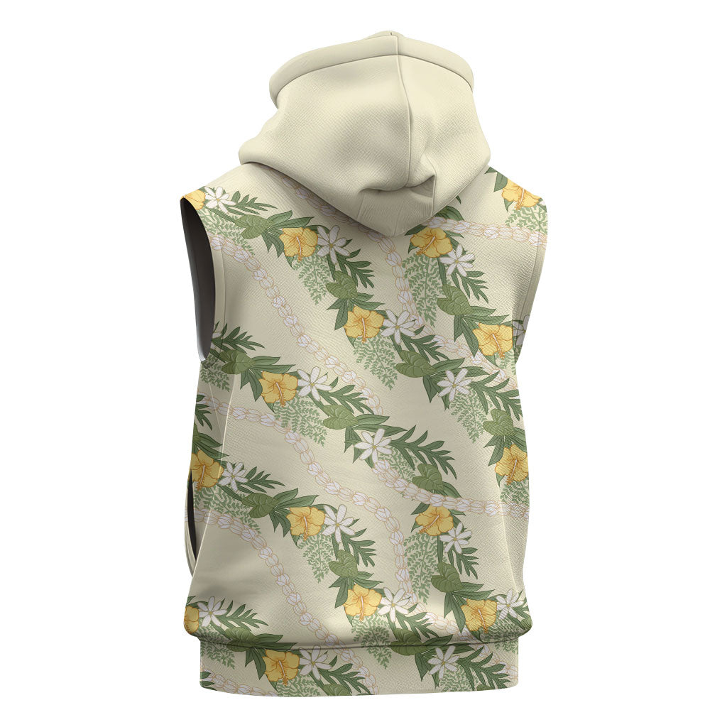 Hawaiian Pikake Maile Lei Sleeveless Hoodie Tiare Hibiscus Kalo Palapalai Leaf Beige LT19 - Polynesian Pride